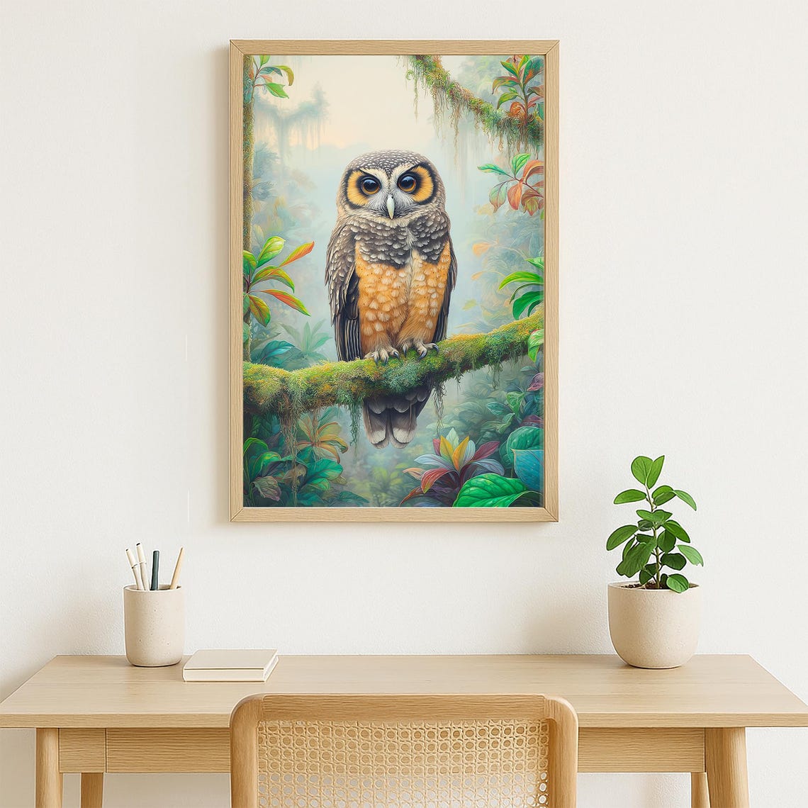 Tropical Owl Perched On Mossy Branch Rainforest Jungle Bird Poster - Image 4