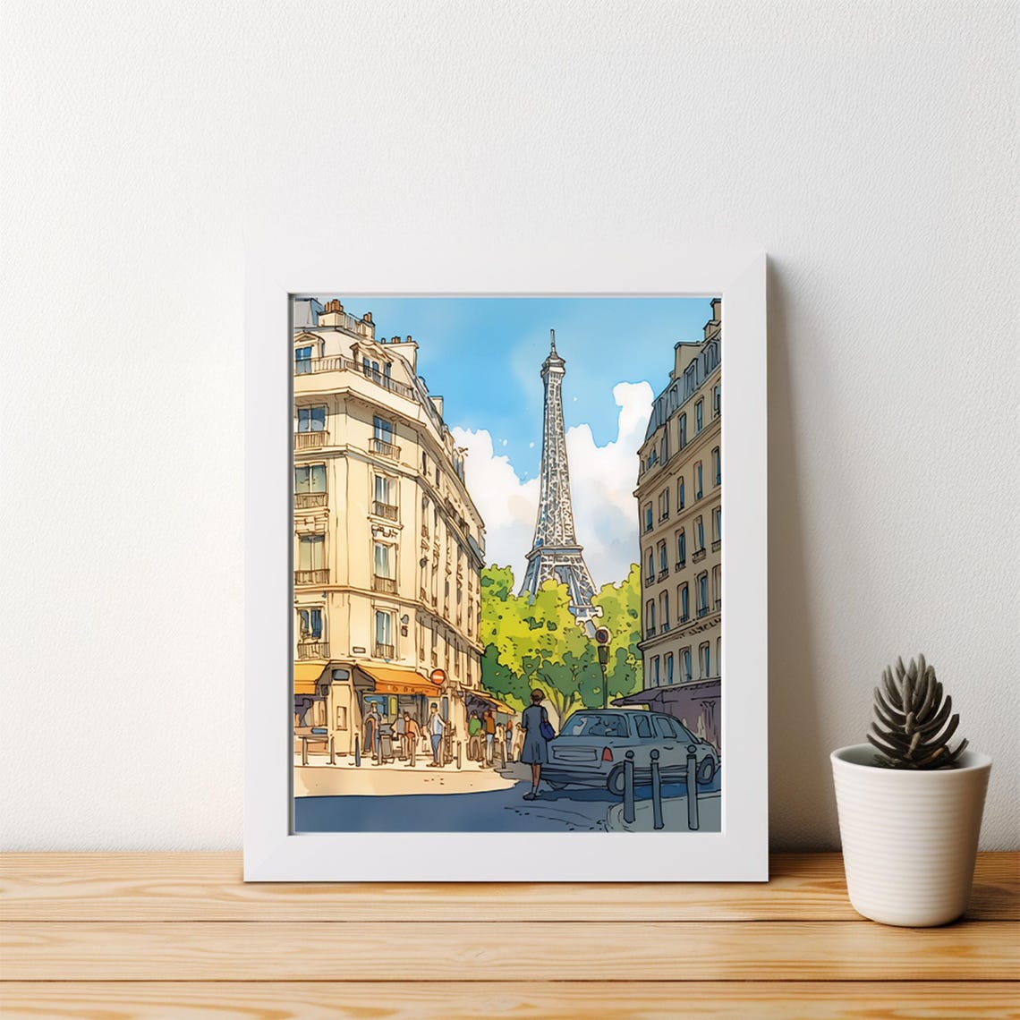 Sunny Paris Street Scene With Eiffel Tower Over Cafes Poster - Image 4