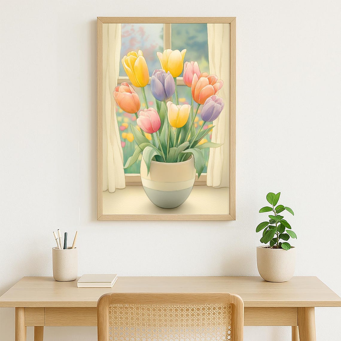 Pastel Tulips Bouquet In Ceramic Pot By Sunny Window Floral Poster - Image 3