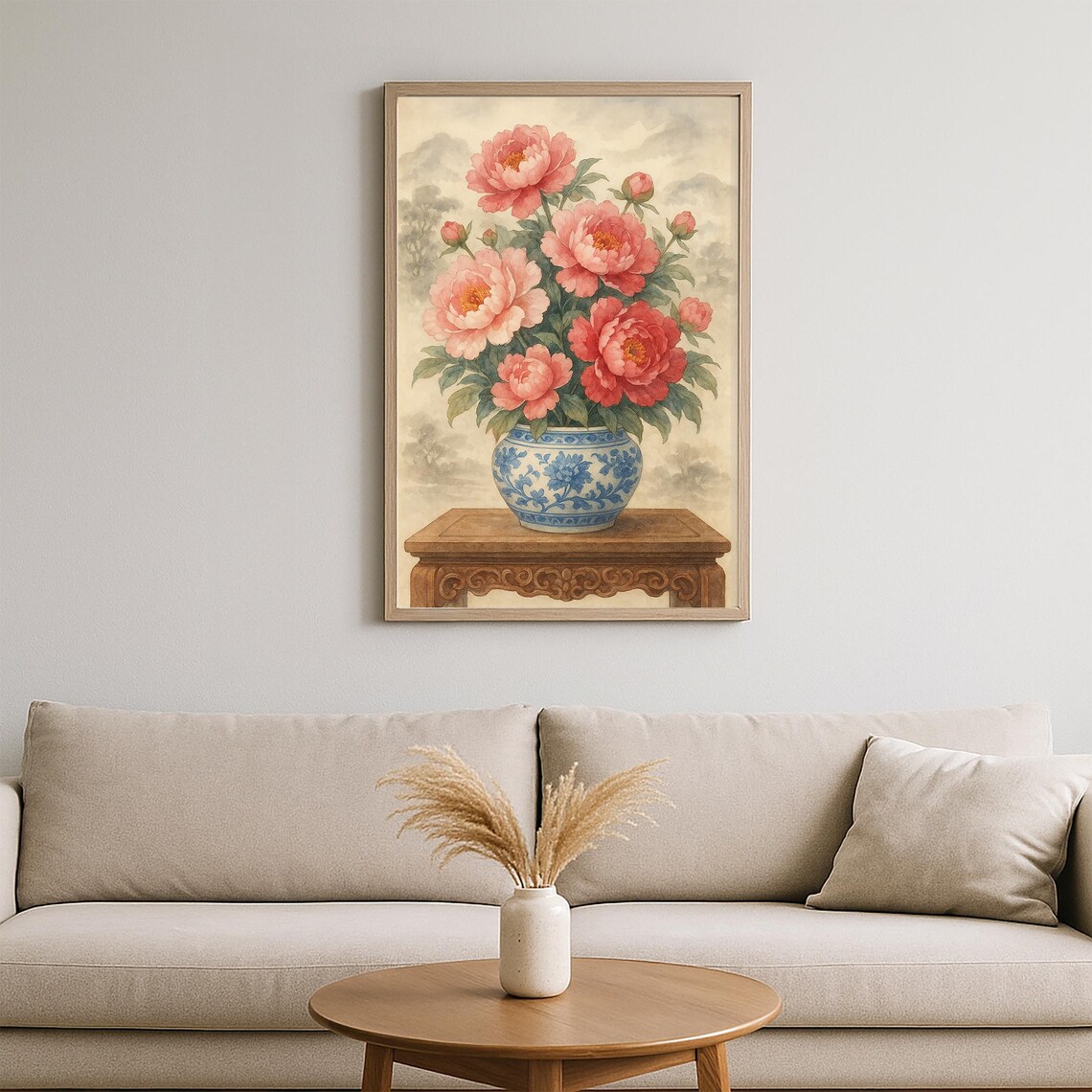 Pink Peony Blooms In Blue Porcelain Vase Traditional Chinese Poster - Image 2
