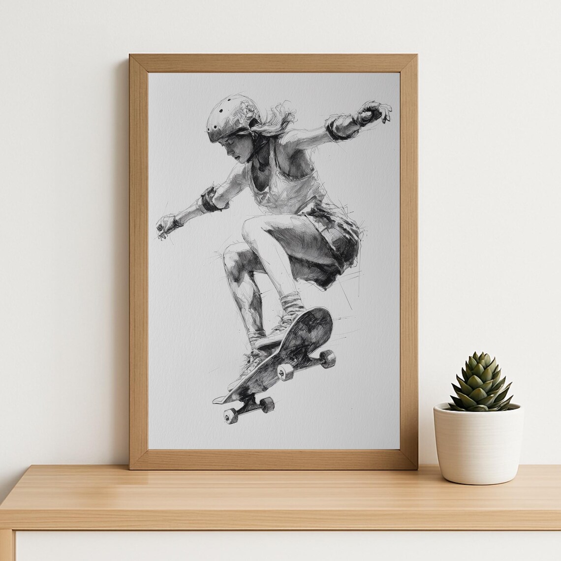 Skateboard Girl Line Art Print Dynamic Drawing Wall Of Female Skater Modern Sports Poster For Teens And Urban Home Decor
