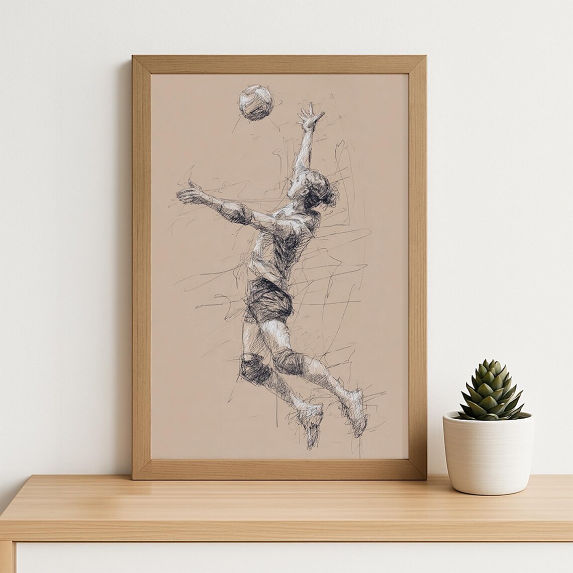 Volleyball Player Jump Spike Hand Drawn Line Sketch Sports Poster