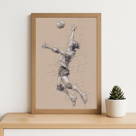 Volleyball Line Art Print Handdrawn Sketch Of Female Player Jump Serve With Athletic Energy Sports Wall Decor For Fans And Gyms