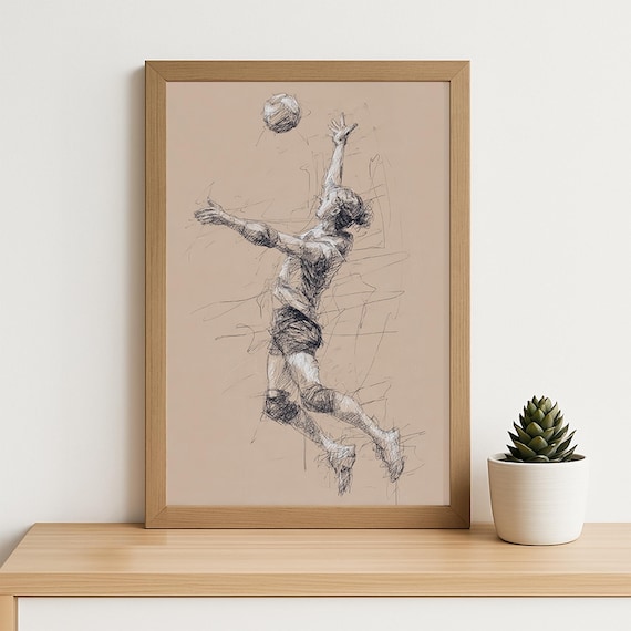 Volleyball Player Jump Spike Hand Drawn Line Sketch Sports Poster