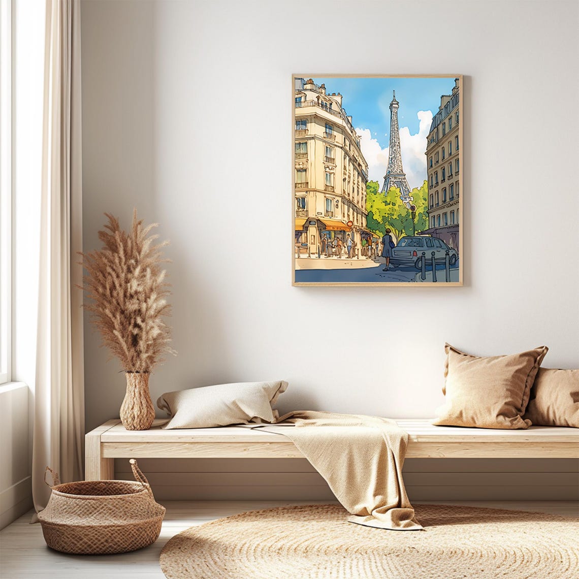 Sunny Paris Street Scene With Eiffel Tower Over Cafes Poster - Image 3
