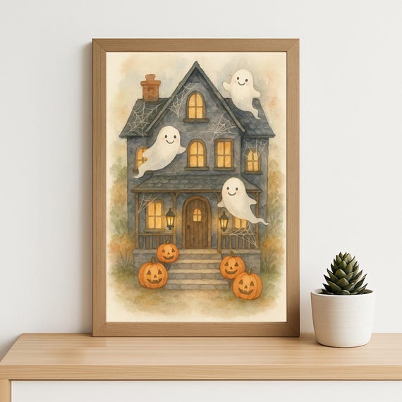 Cute Haunted House Halloween Art Print Watercolor Ghosts And Pumpkins Wall Decor Whimsical Fall Kids Room Or Party Decoration