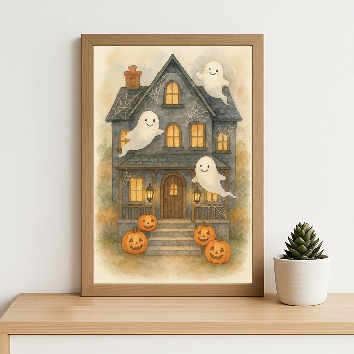 Cute Halloween Haunted House Ghosts Pumpkins Watercolor Poster