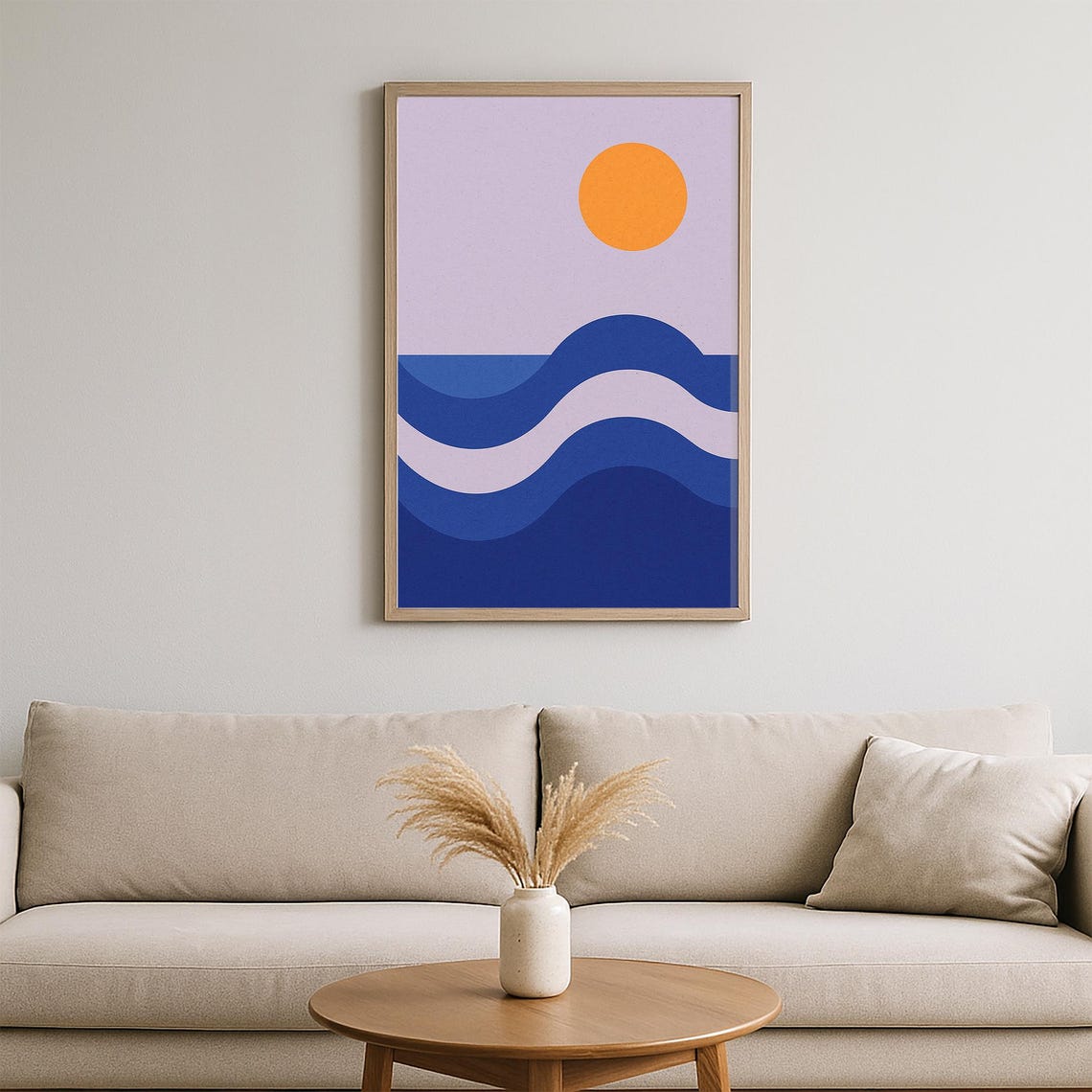 Modern Abstract Ocean Geometric Blue Waves Orange Sun Poster - Image 2