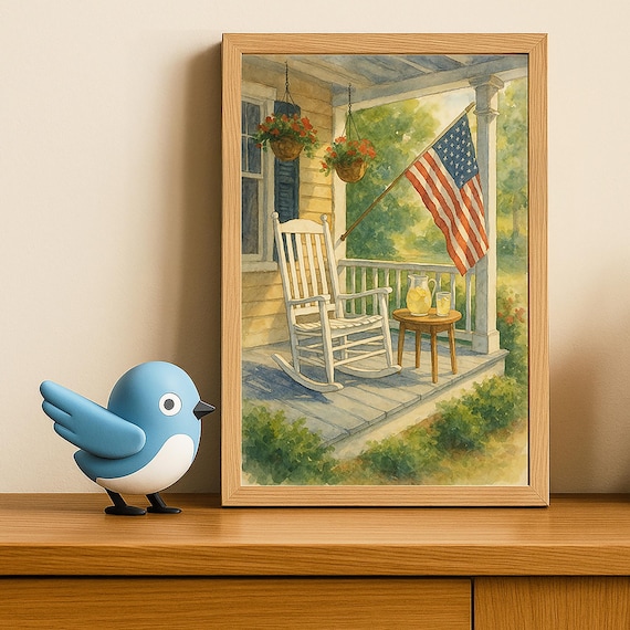 Rustic Front Porch With American Flag Rocking Chair Summer Poster
