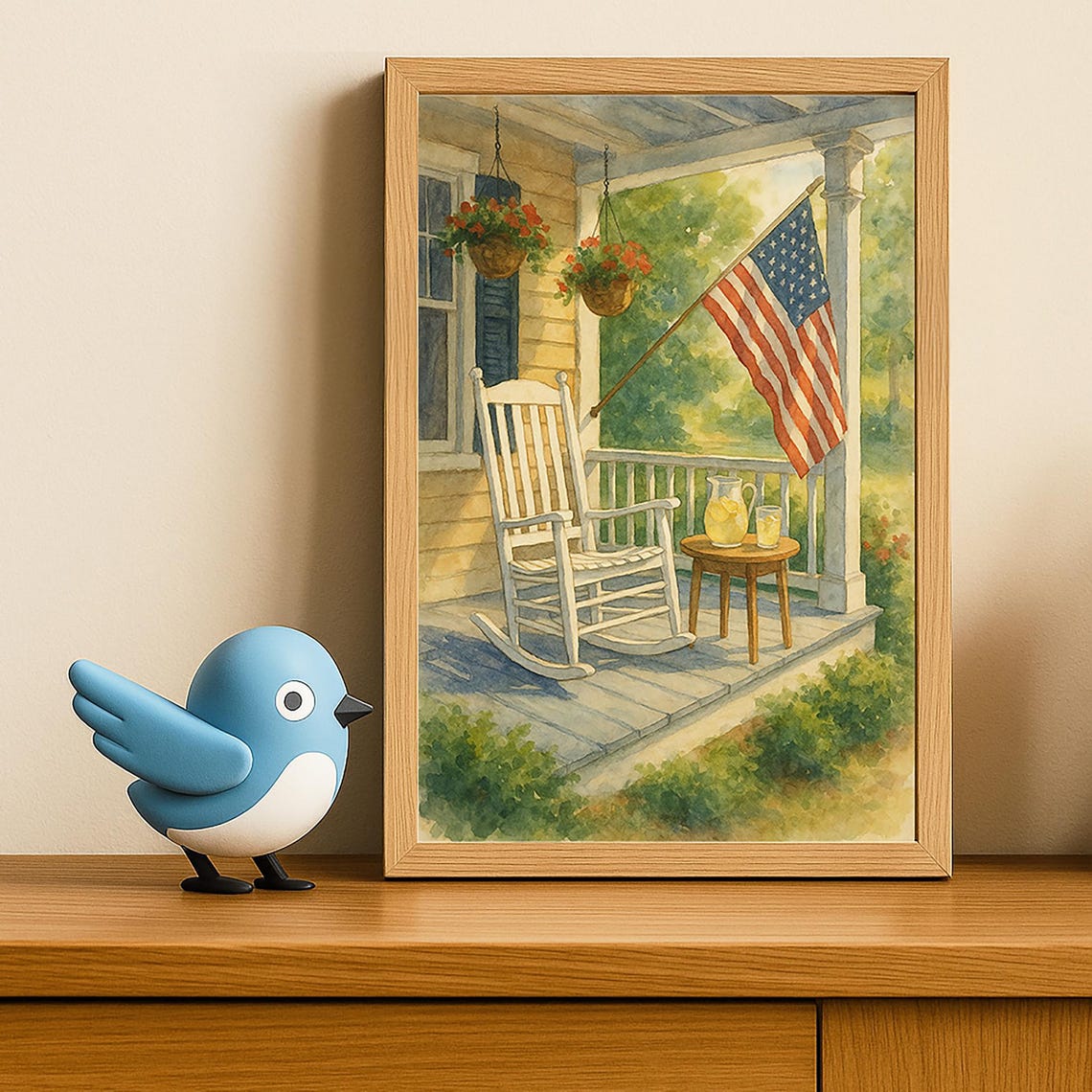 Rustic Front Porch With American Flag Rocking Chair Summer Poster