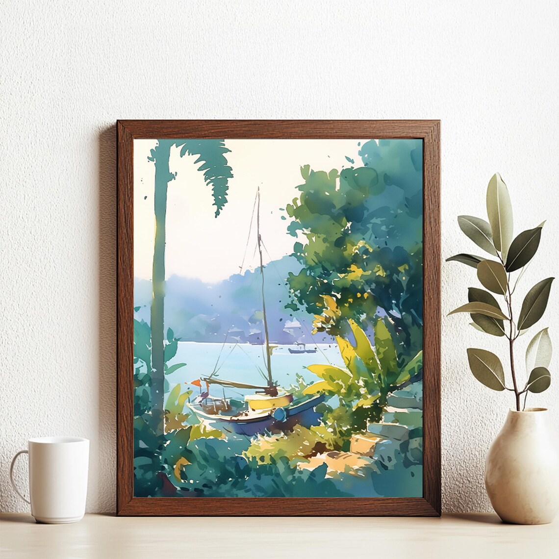 Tropical Watercolor Boat Coastal Landscape Art Print