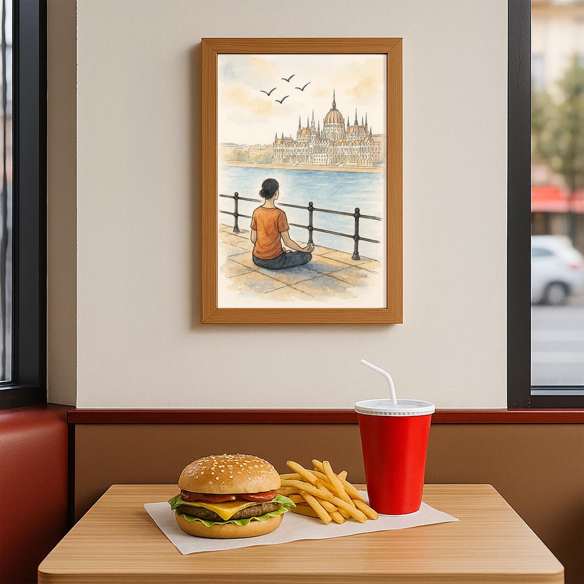 Woman Meditating by the River Before a Grand Domed Palace Poster - Image 3
