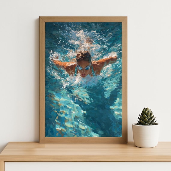 Female Swimmer Butterfly Stroke Oil Painting Print with Turquoise Water