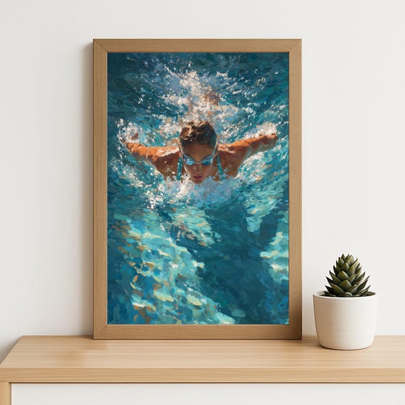 Female Swimmer Oil Painting Print Dynamic Swimming Wall Art Impressionist Sports Artwork Pool Decor