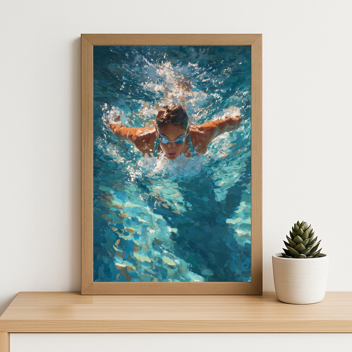 Female Swimmer Butterfly Stroke Oil Painting Print with Turquoise Water