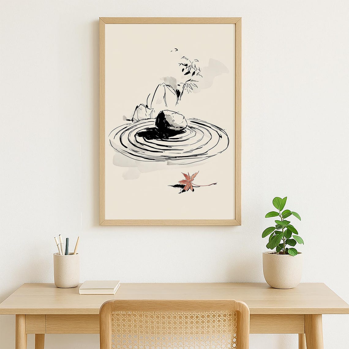 Zen Ink Stone Ripples Maple Leaf Japanese Minimalist Art Poster - Image 4