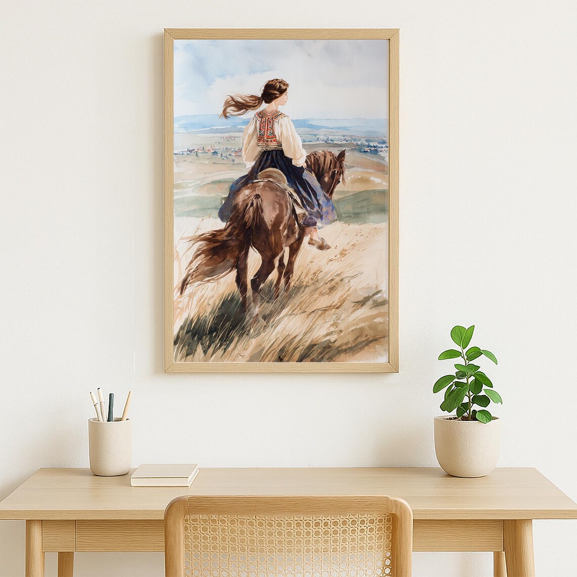 Woman Horseback Riding Folk Dress Golden Hills Watercolor Poster - Image 3