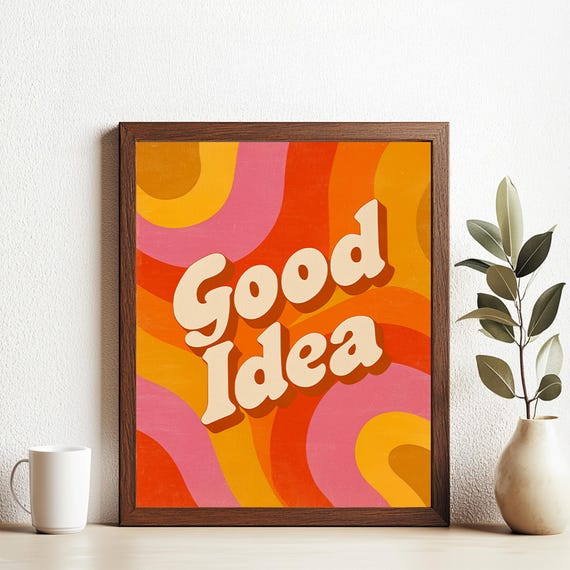 Retro Groovy Good Idea Poster 70s Wall Art Positive Quote Boho Psychedelic Typography Decor
