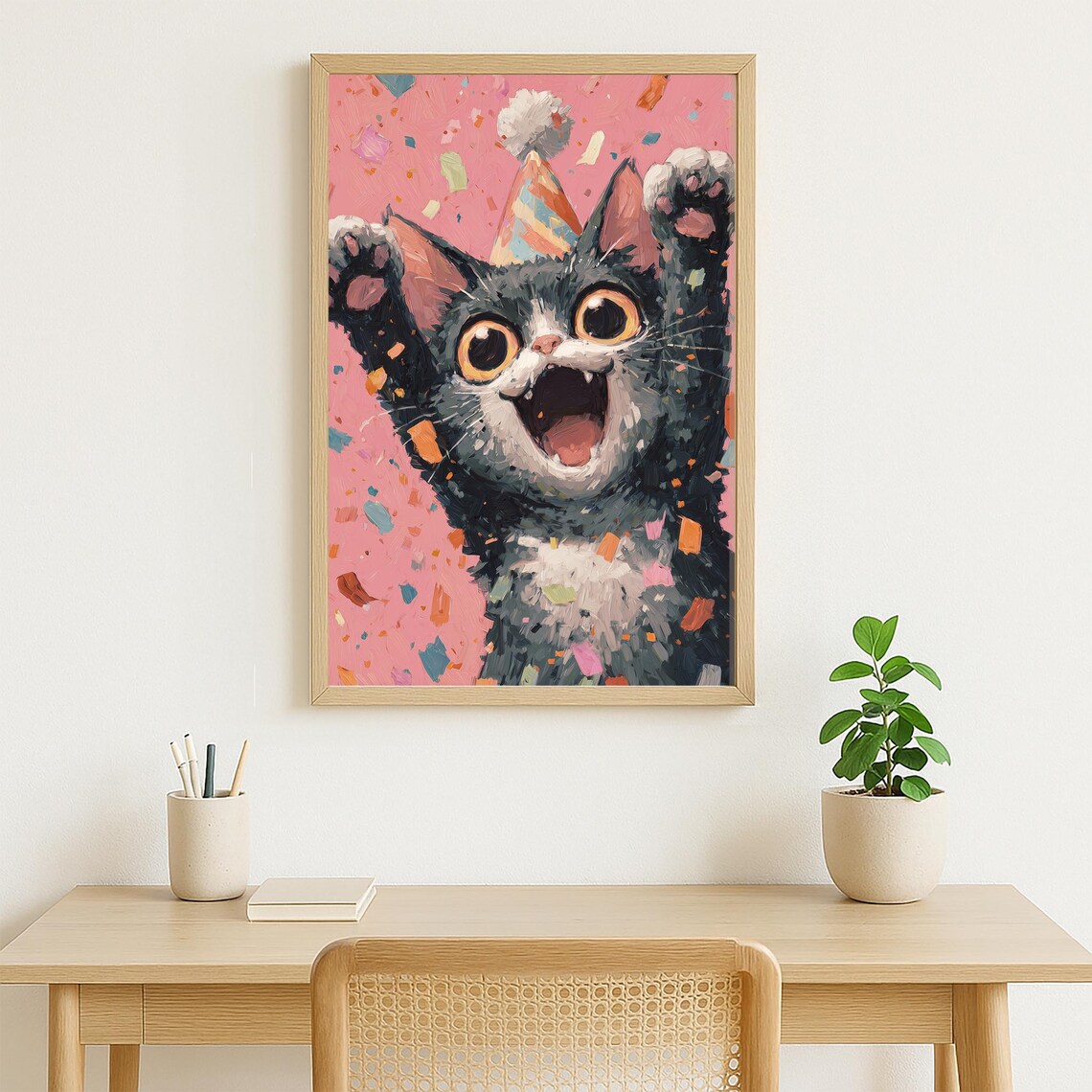 Excited Party Cat Pink Confetti Funny Animal Birthday Art Poster - Image 4