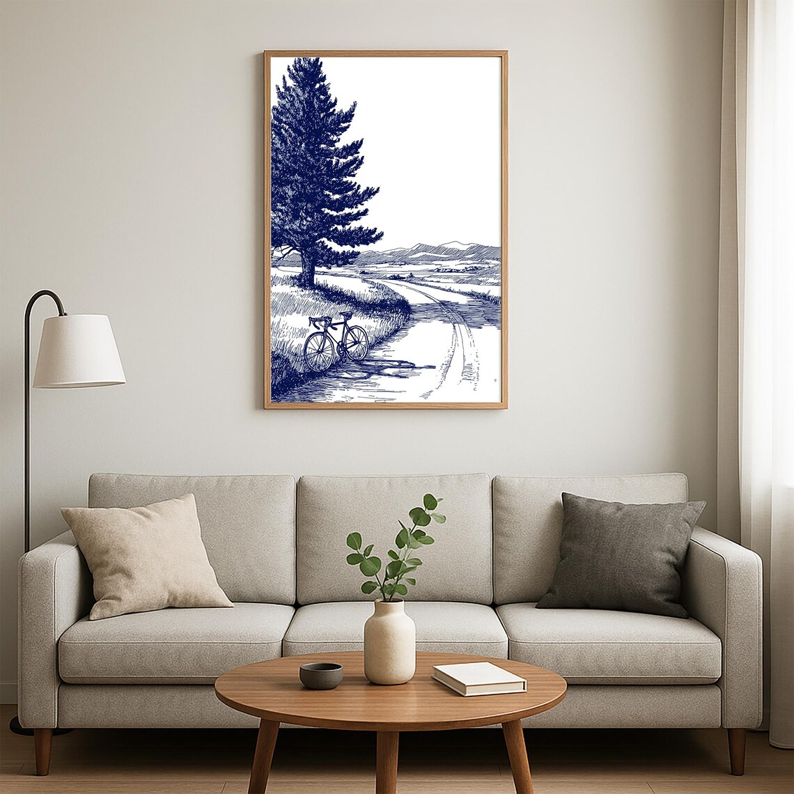 Blue Ink Bicycle Winding Country Road Tall Pine Sketch Poster - Image 3