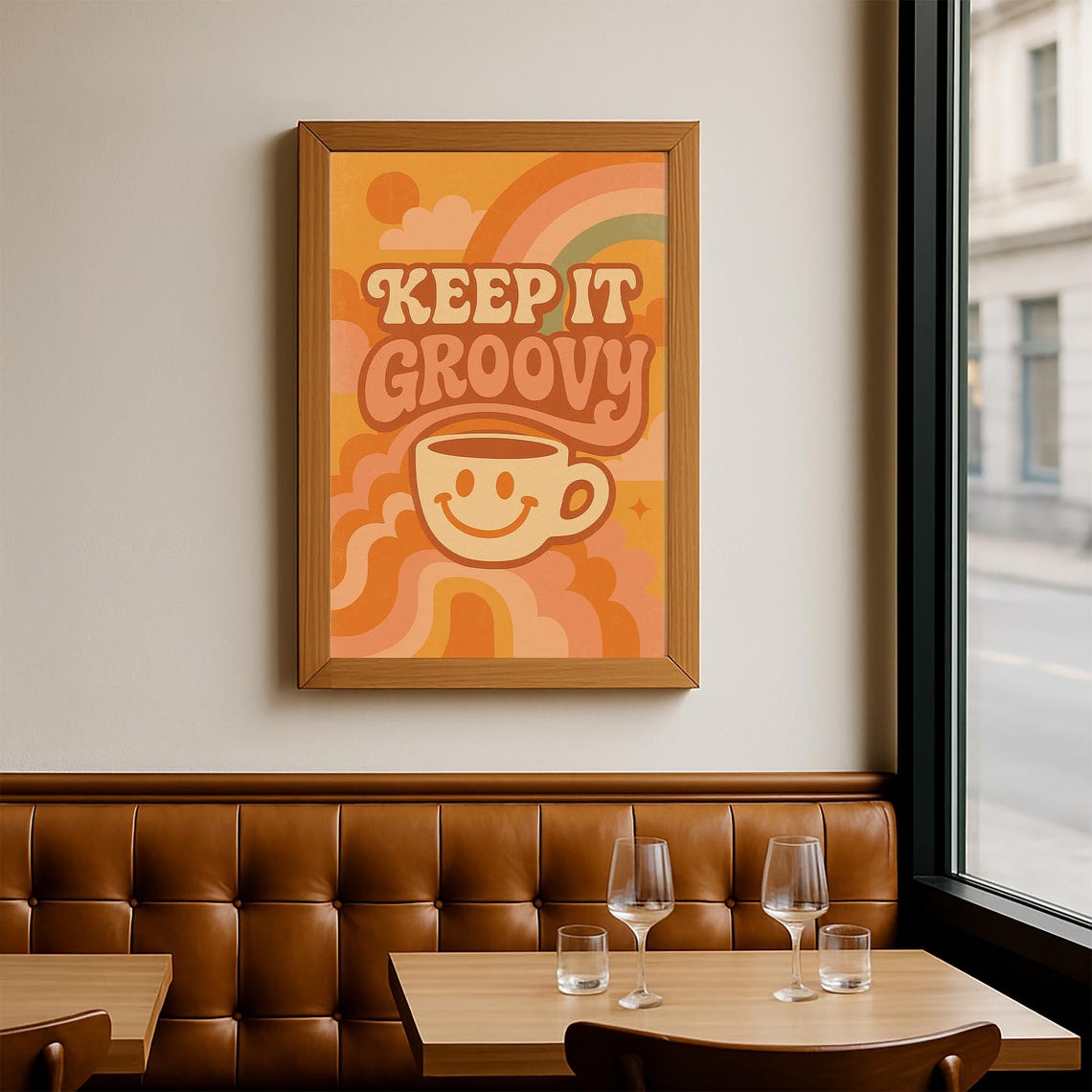 Keep It Groovy Retro 70s Smiley Coffee Cup Rainbow Clouds Poster - Image 2