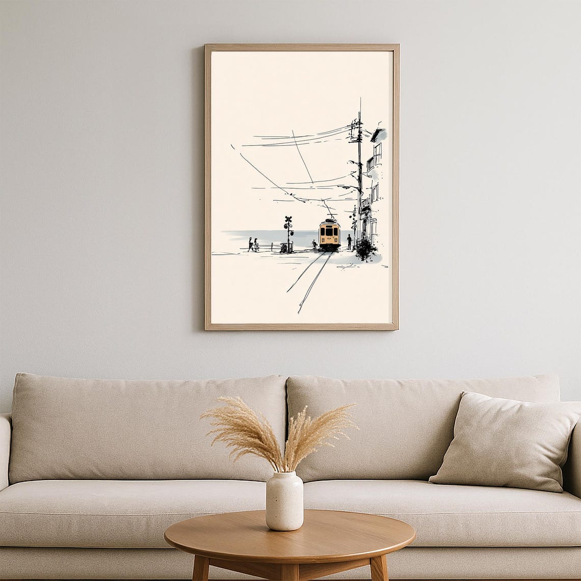 Seaside Tram Sketch Ink Drawing Coastal Line Minimal Art Poster - Image 2