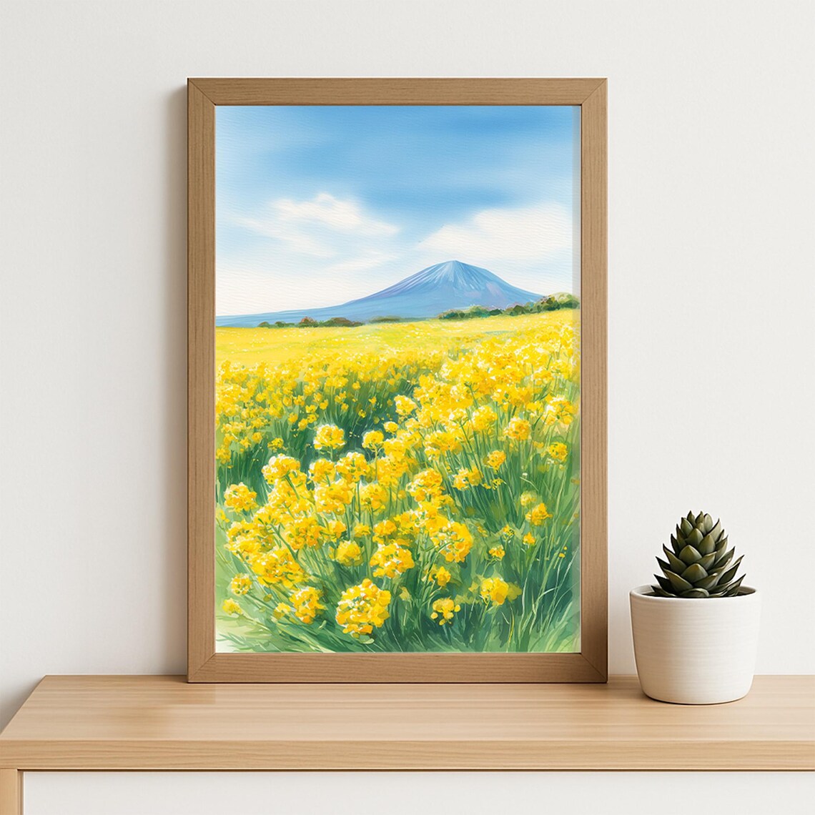Jeju Island Yellow Canola Flower Field Mountain Watercolor Poster
