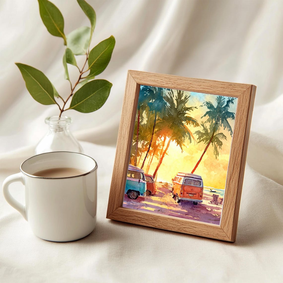 Traveling In A Camping Van On Tropical Beach Landscape Scenery Art Print Wall Deco Watercolor - Image 3