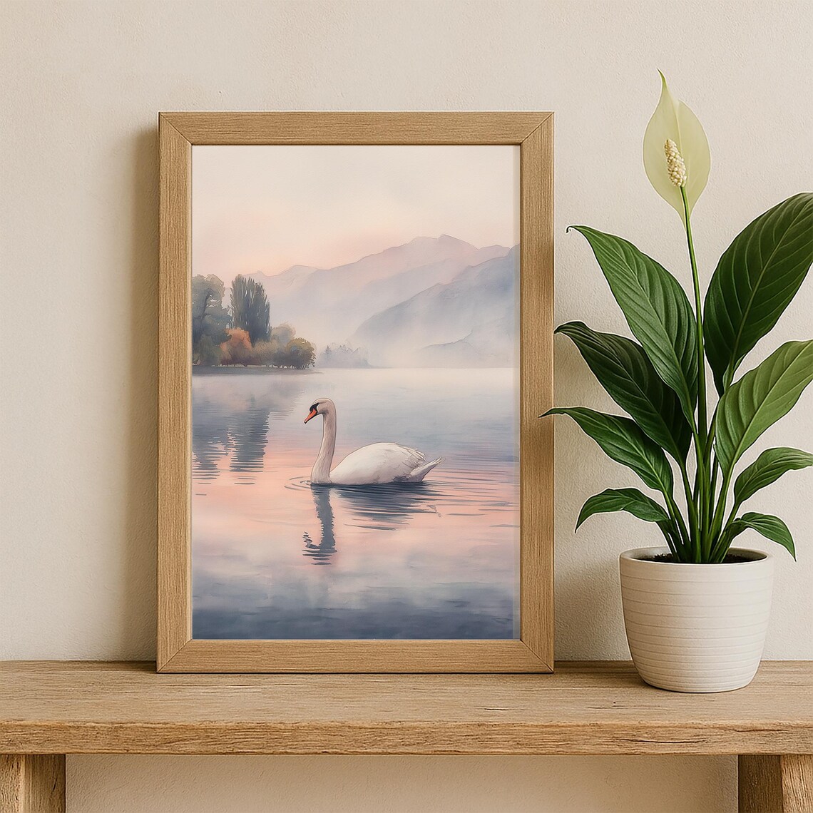 White Swan On Misty Lake At Sunrise Serene Mountain Watercolor Poster - Image 3