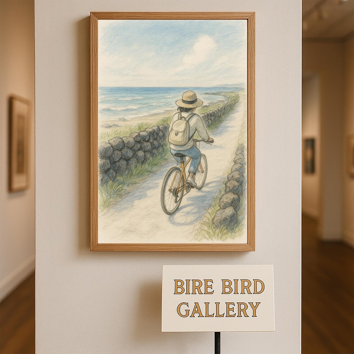 Woman Cycling Coastal Road Ocean View Drawing Travel Art Poster