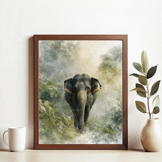 Misty Jungle Elephant Watercolor Print Majestic Wildlife Wall Art Tropical Nature Animal Poster Serene Safari Decor For Home Or Studio