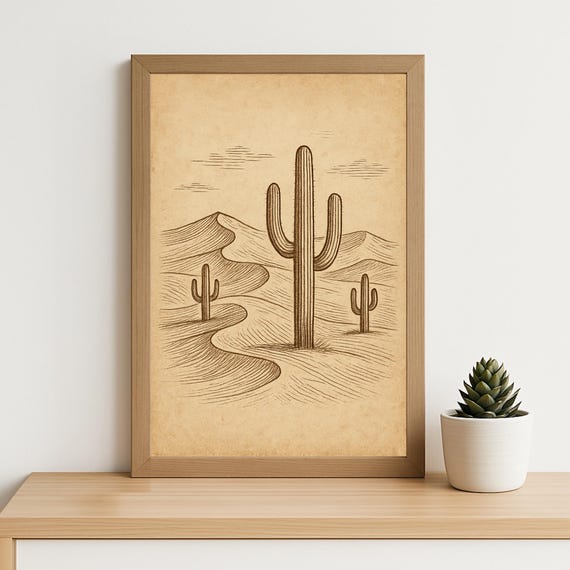 Vintage Desert Cactus Illustration Print Line Art Drawing Rustic Boho Wall Decor