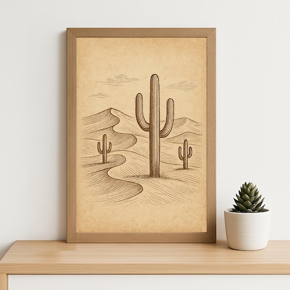 Vintage Desert Cactus Line Art Poster with Saguaro Dunes and Mountain View