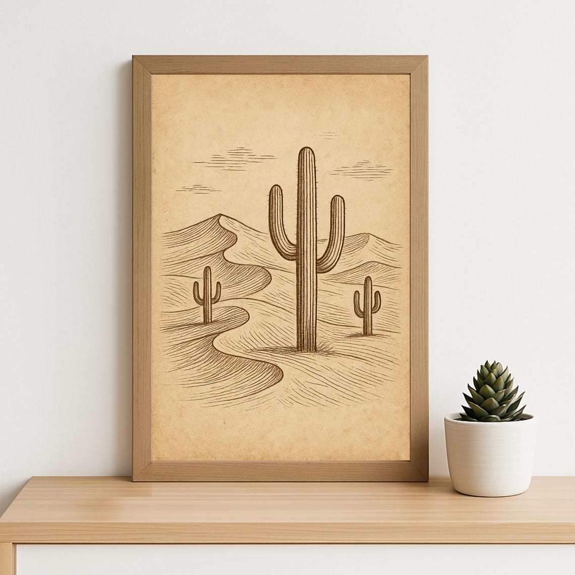 Vintage Desert Cactus Illustration Print Line Art Drawing Rustic Boho Wall Decor