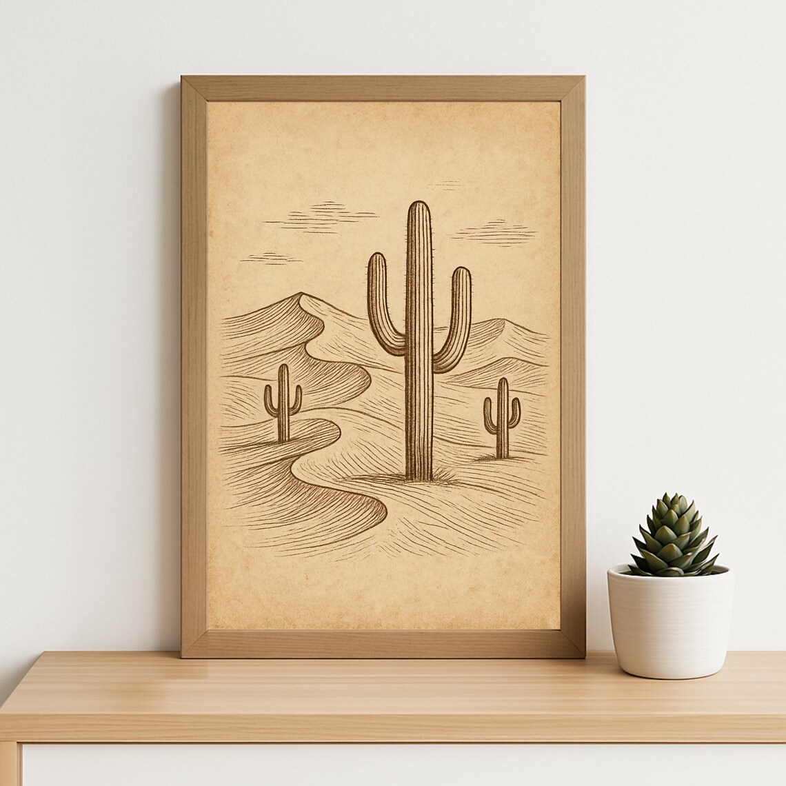 Vintage Desert Cactus Line Art Poster with Saguaro Dunes and Mountain View