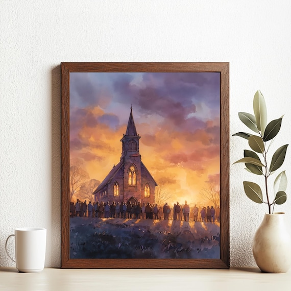 Church at Sunrise with Congregation Gathering Faith Art Poster