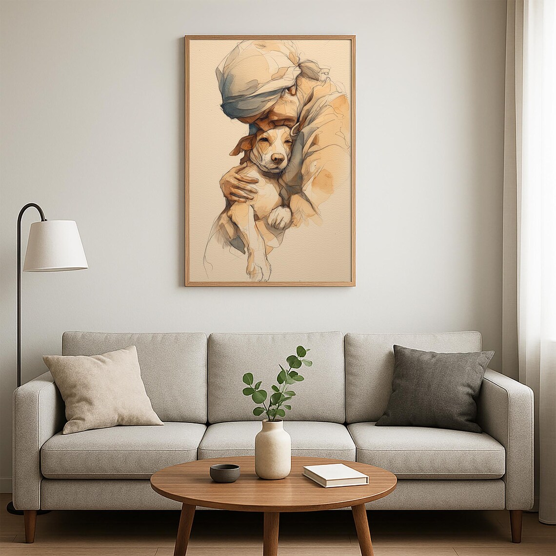 Woman Tenderly Hugging a Rescued Dog Watercolor Sketch Poster - Image 4