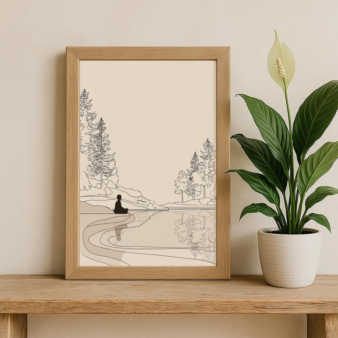 Minimalist Lake Meditation Line Drawing With Pines Reflection Poster - Image 2