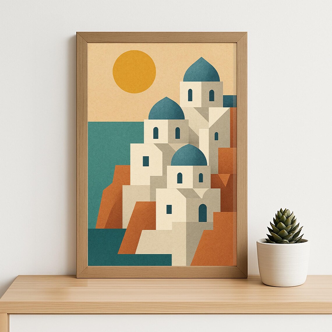 Santorini Greece Blue Dome Churches Minimalist Travel Poster