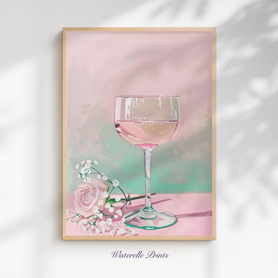 Pink Cocktail Glass With Rose Coquette Floral Painting Wall Art