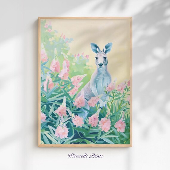 Kangaroo in Pink Flowers Pastel Australian Wildlife Nursery Poster
