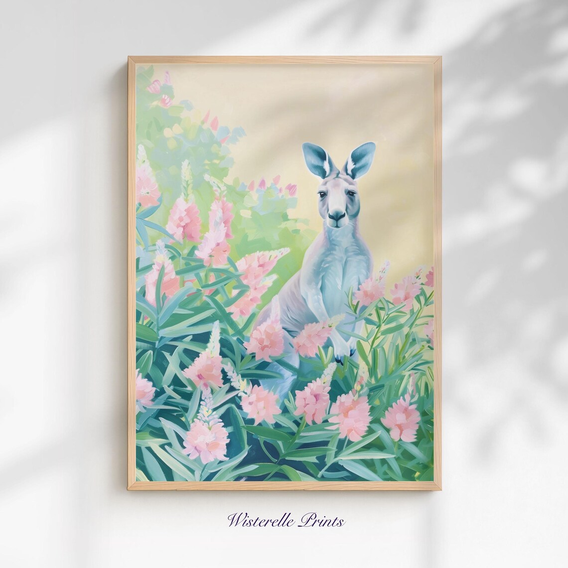 Kangaroo in Pink Flowers Pastel Australian Wildlife Nursery Poster