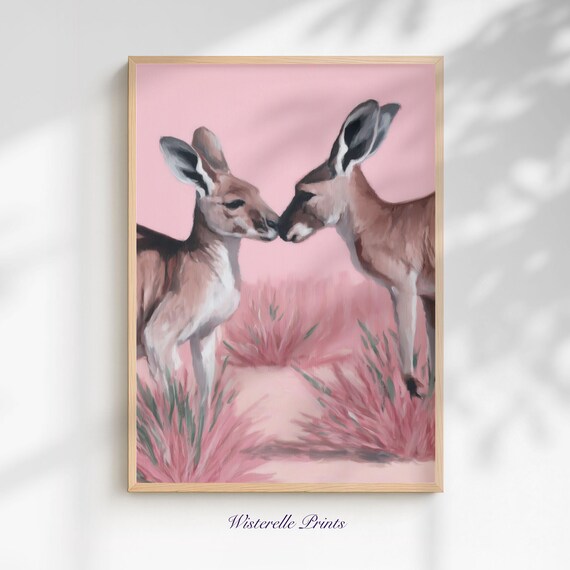 Two Kangaroos Nuzzling Pink Australian Wildlife Nursery Poster