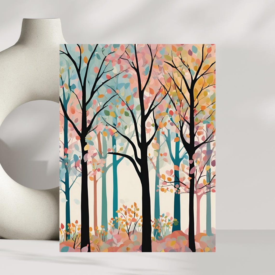 Pastel Forest Trees Modern Abstract Colorful Woodland Art Poster