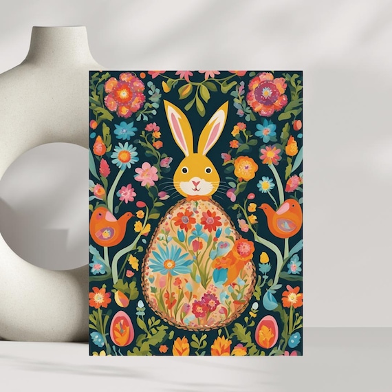 Easter Bunny Folk Art Floral Egg Birds Colorful Spring Poster