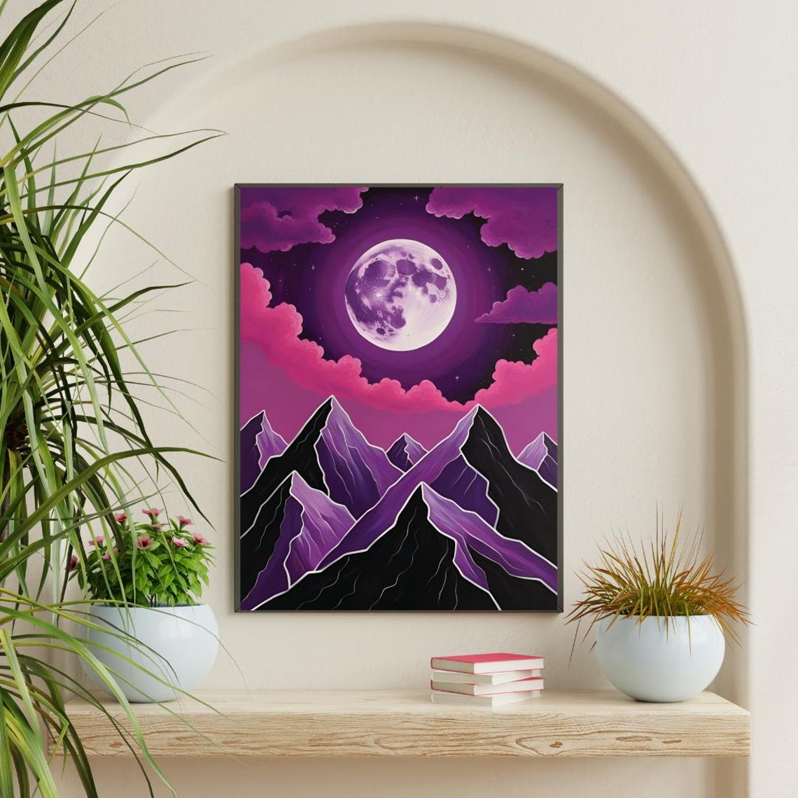 Purple Full Moon Mountains Night Sky Dreamy Celestial Art Poster
