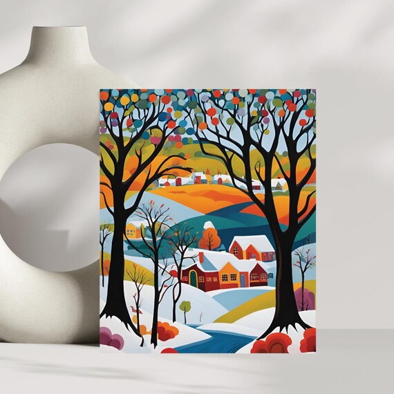 Colorful Folk Art Winter Village Snowy Hills Modern Landscape Poster