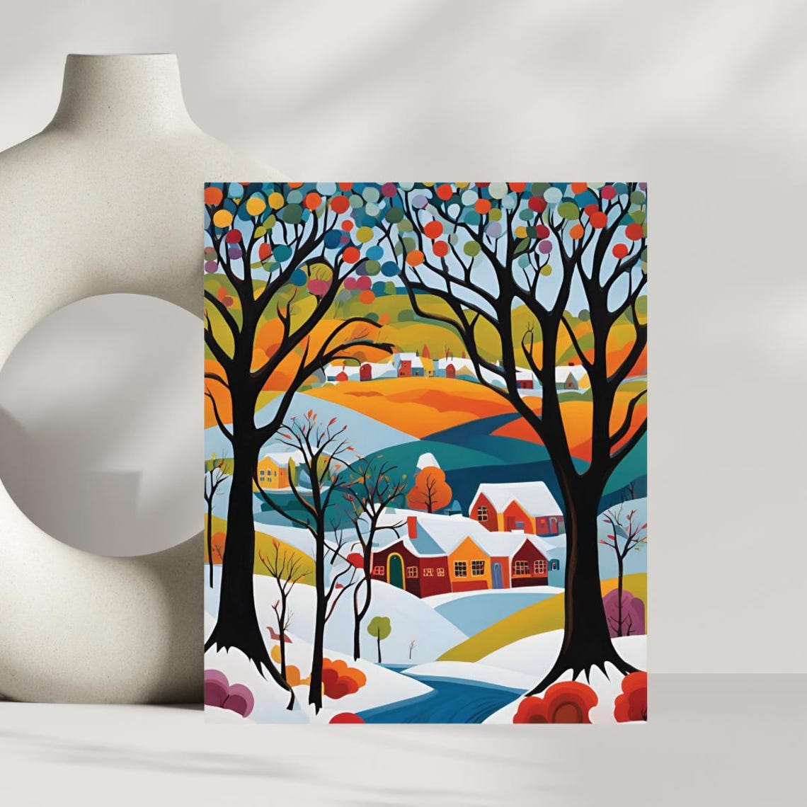Colorful Folk Art Winter Village Snowy Hills Modern Landscape Poster