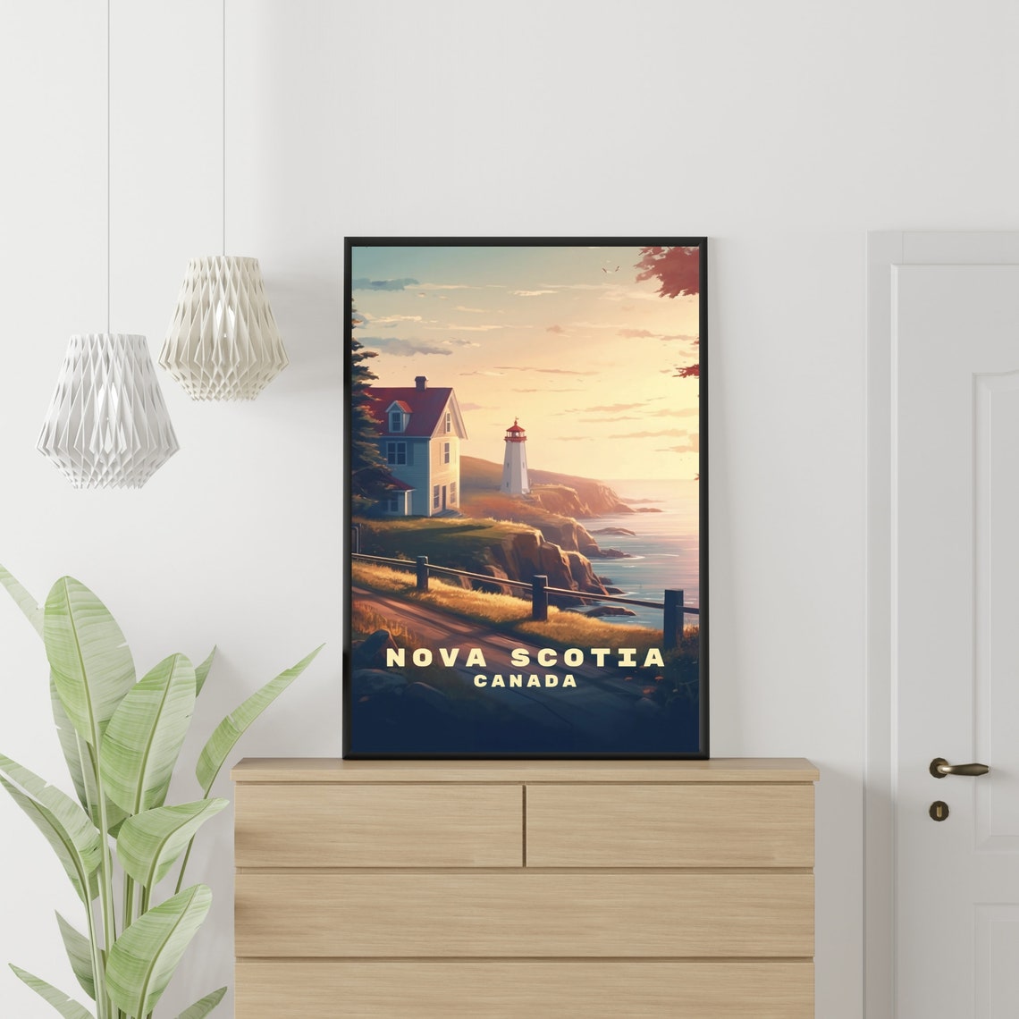 Nova Scotia Lighthouse on Cliffs at Sunset Canada Travel Poster