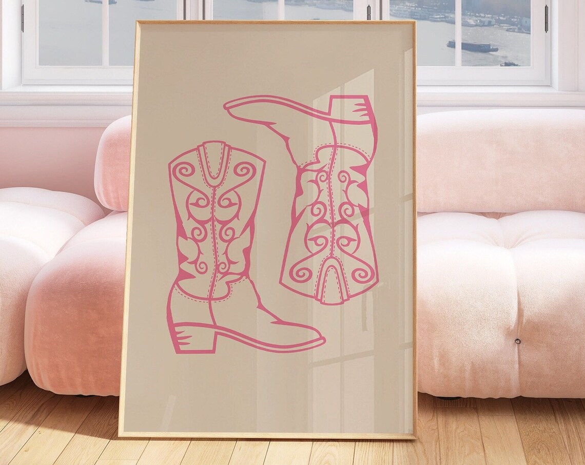 Pink Cowgirl Boots Hand Drawn Western Preppy Fashion Art Poster - Image 2